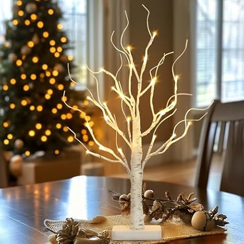 EAMBRITE Birch Tree with Led Lights, White Christmas Tree Decorations Indoor with Timer, Lighted Mini Small Artificial Lamp Prelit Twig Tree Battery Operated for Table Centerpiece Home Party Decor Cover