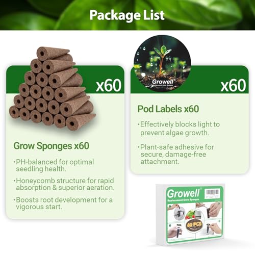 Image of Growell 120Pcs Hydroponic Pods Kit, 60 Grow Sponges with 60 Pod Labels, Hydroponics Supplies, Grower Pods Refill Compatible with AeroGarden & Most Growing System, Seed Starter Pods for Indoor Garden