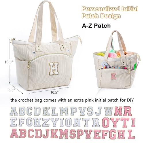 Image of Initial Personalized Corduroy Yarn Bag - Tote Storage & Organizer for Crochet Hooks, Accessories & Projects