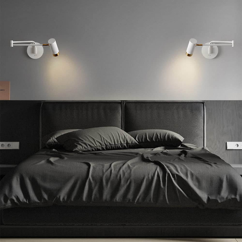 Lampa ścienna, reflektor do czytania, lampka nocna z obrotowym ramieniem, regulowana i obrotowa żarówka GU10, do sypialni, salonu, biura i hotelu, biała