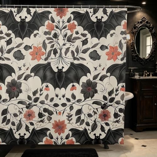 Erosebridal Bats Halloween Decoration Shower Curtain Set Gothic Bath Curtain 72 Wx72 L Boho Vintage Floral Victorian Decor Goth Silhouette Dark Shadows Bathroom Accessories