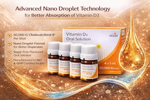 Image of Eraas Orthoferol Vitamin D3 60,000 IU Nano Shots | Sugar Free Cholecalciferol | Weekly Dose for Bone Strength, Immunity & Muscle Health | Sugar Free Liquid Supplement | 4x5ml Bottles