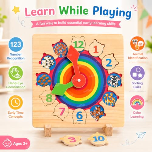 Image of Zest 4 Toyz Wooden Clock Toy for Kids Learning Counting Number Clock Shape Patterns Sorting Puzzle Educational Toys for Kids Montessori Preschool Activity Toy for 3 Years +