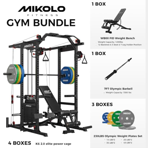 Image of Mikolo K6 2.0 Power Cage, Power Rack with Cable Crossover System, 2000LBS Squat Rack with LAT Pull Down System, Functional Trainer with Aluminum Pulley System for Home Gym