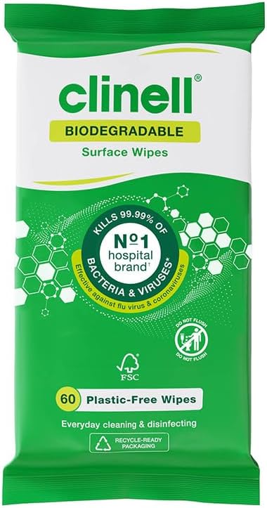 Universal Biodegradable Cleaning and Disinfectant Wipes for Surfaces - Pack of 60 - Plastic Free - Multi-Purpose Wipes, Kills 99.99% of Bacteria & Viruses, Neutral Scent