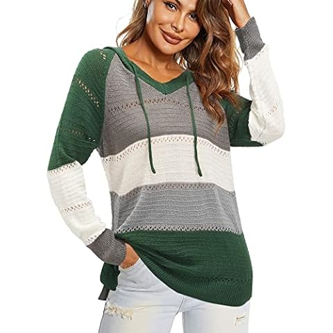 VOTEPRETTY Womens Knitted Jumper Ladies Lightweight Striped Color Block Hoodies Pullover V Neck Drawstring Sweatershirts Dark Green Cover