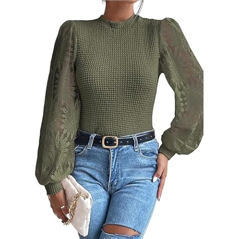 Kluyuexin Women's Sunflower Mesh Bubble Long Sleeve Lace Tunic Top Round Neck Waffle Knit Blouse Shirt Top Green S Cover