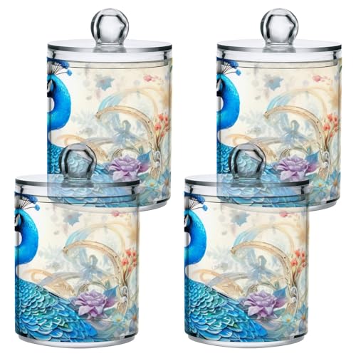 GAIREG Paquete de 4 dispensadores de soporte Qtip con diseño de pavo real azul vintage para baño, juego de tarros de boticario de plástico