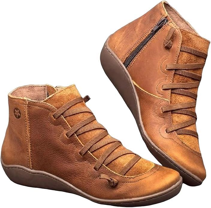 Ankle Boots for Women Low Heel Women's Vintage Casual Short Boot Arch Support Fashion No Lace Up Side Zipper Retro Leather Booties Comfortable Slip on Flat Shoes