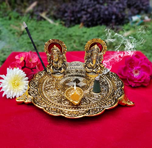Estatua Ganesh Laxmi con Plato Dorado para Puja miniatura 6