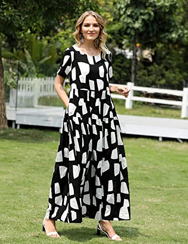 Image of YESNO Women Casual Loose Bohemian Floral Dress with Pockets Short Sleeve Long Maxi Summer Beach Swing Dress EJF