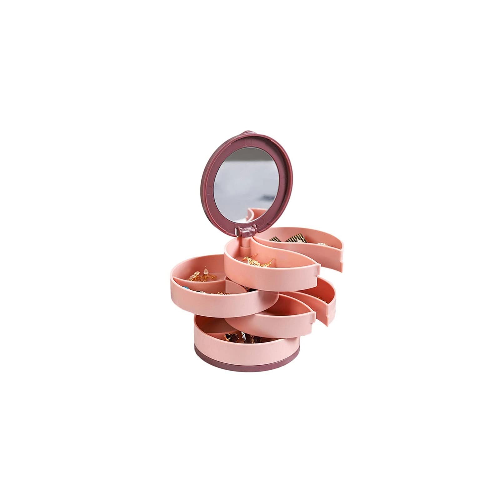 Almacenamiento montado en el armario Joyero giratorio de 360 ​​grados Estuche de almacenamiento Anillos de 4 capas Collar Pendientes Organizador Pulseras Titular con cubierta de espejo ( Color : Pink