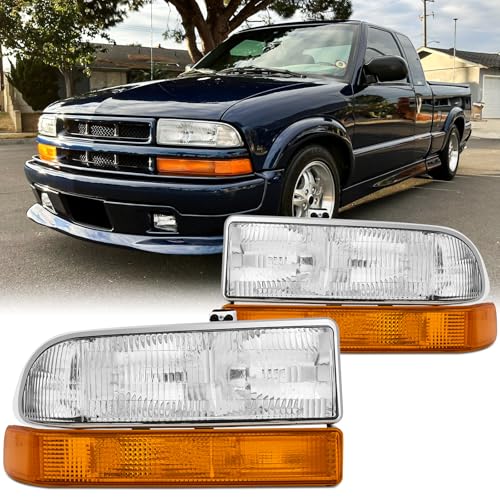 Aresparts Headlights Assembly with Bumper lights Set For 1998-2004 Chevy S10 ZR2 Base LS Extended Cab Pickup/for 1998-2005 Chevy Blazer LS Base Truck Replacement front Headlamps(LH&RH)