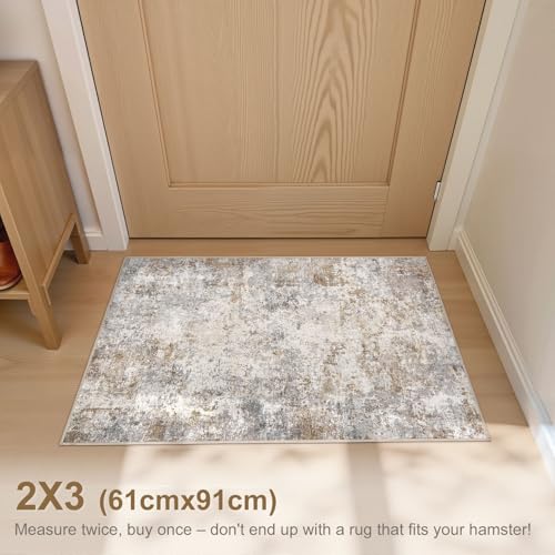 2x3 Entryway Area Rug: Washable Neutral Modern Abstract Small Rug - Non-Slip Low Pile Throw Indoor Carpet for Entrance Kitchen Front Door Mat Bathroom Entry Kids Room - Brown Grey