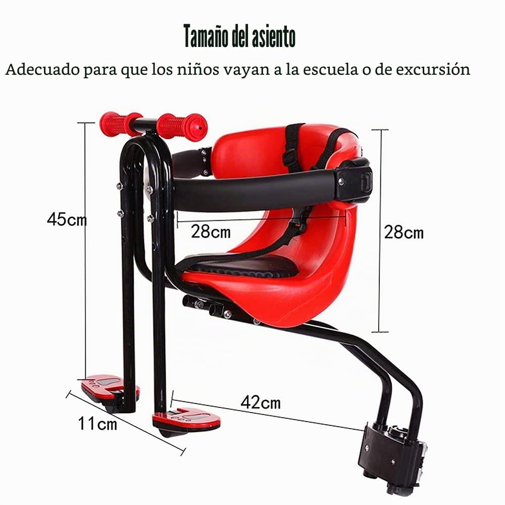 Silla Delantera para Niños para Bicicleta Sillas de Bicicletas para Niños, Asiento Bicicleta para Niños con Cinturón de Seguridad, Respaldo, Pedales, Pasamanos para Niños, Niñas Red