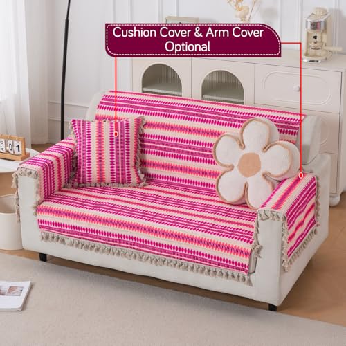 Image of HOKIPO 'Artisan Boho Series' Sofa Cover with Tassel for 2 Seater Sofa | 450 GSM Thick Cotton Acrylic Jacquard Fabric Sofa Cover, Size 152x120 cm, Fuchsia Pink (IN-908-A5)