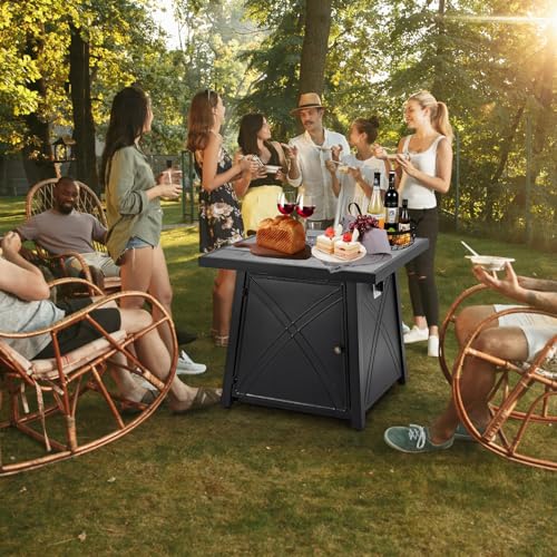 28 Inch Gas Fire Pit Table, Outdoor Propane Fire Pit Table with Steel Lid & Volcanic Rock, Square Firepit Adjustable Footpads for Gatherings Parties on Patio Deck Garden Backyard