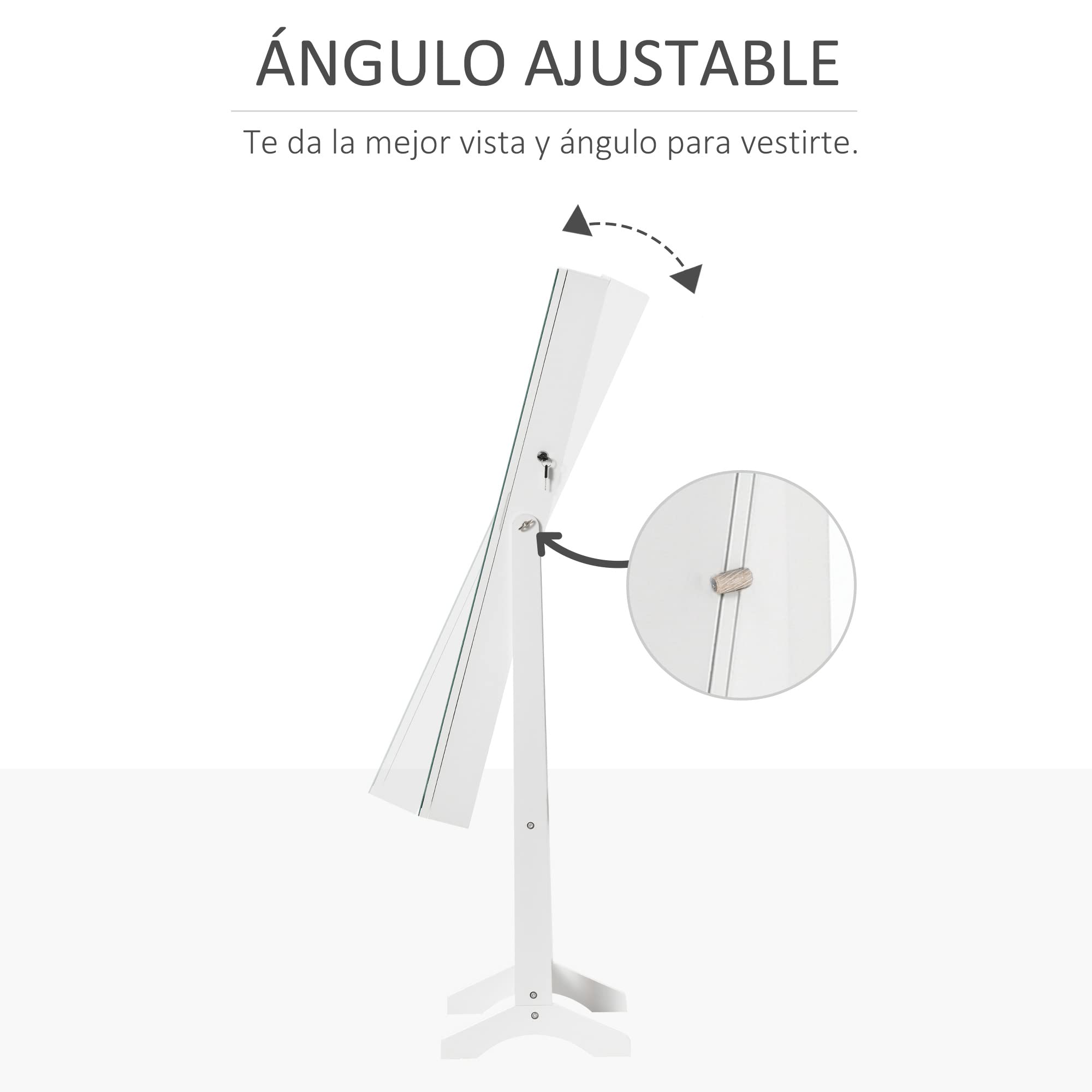 HOMCOM Espejo Joyero con Luces LED, Armario de Pie, Cierre Magnético, Blanco y Forro Negro