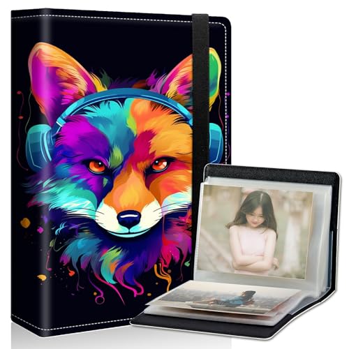 DIGTIALL Fox Listen Music   Álbum de fotos pequeño de 5 x 7 pulgadas, cubierta de piel sintética, con banda elástica, 120 fotos interiores transparentes, diseño para aniversario familiar, boda, bebé