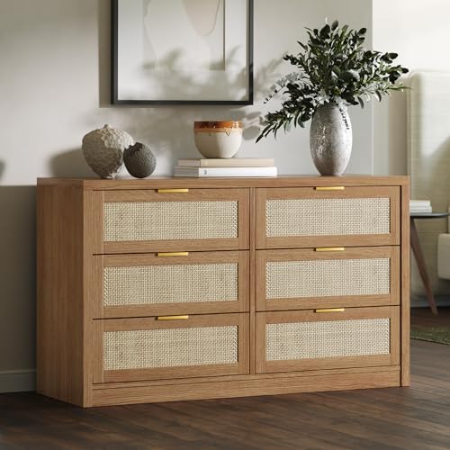 6 Drawer Dresser for Bedroom, 52.7" Wide Rattan Dresser, Wooden with Gold Handles, Farmhouse Tv Stand Entryway Table, Modern Chest of Drawers for Living Room, Entryway