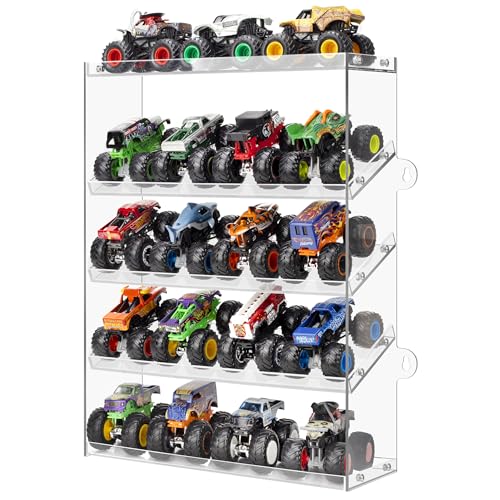 Assembly Monster Trucks Display Case Holding for 20 Monster Trucks Acrylic Storage Case 5 Tiers Monster Trucks Organizer with Tilted Design, Display Case for Toy Trucks (Transparent)