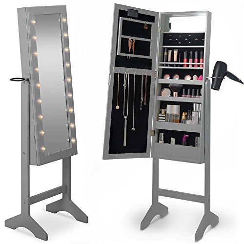 Beautify Mirrored Jewelry Makeup Armoire with LED Lights Floor Standing Organizer Cabinet with Internal and External Mirror Gray