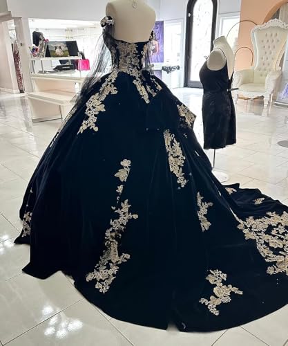 XYAYE Sparkly Velvet Quinceanera Dresses with Sleeves Gold Applique Strapless Lace Sweet 16 Dresses Puffy Beaded Ball Gown2
