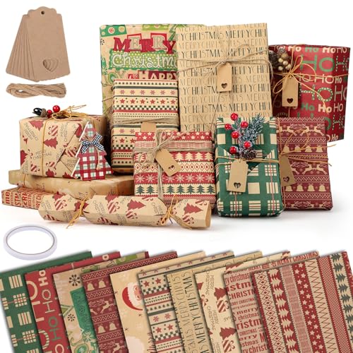 woric 10 hojas de papel de regalo de Navidad, 10 diseños de papel kraft más 10 etiquetas, cuerda de yute de 10 m, 1 cinta de doble cara para envolver regalos, Navidad, decoración de fiesta de