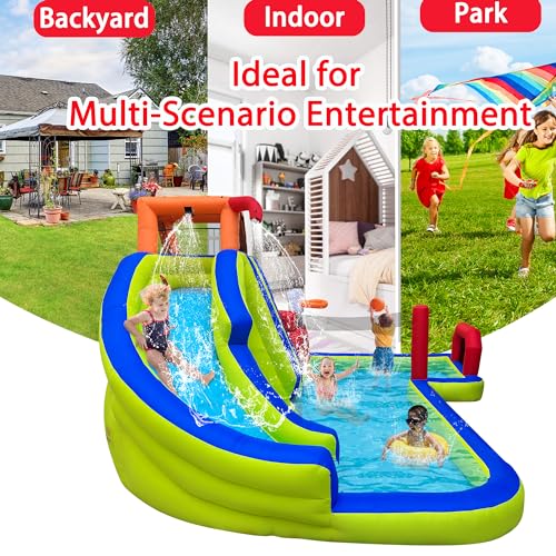 RETRO JUMP Inflatable Water Slide,8 in 1 Water Park Bounce House for Kids,Backyard Waterslide Outdoor with Slide,Splash Pool,Climbing Wall,Basketball Rim,Soccer Field,Volleyball Area,Blower Included