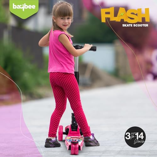 Image of Baybee Flash Kick Scooter for Kids | Smart Foldable 3 Wheel Kids Scooter with 4 Height Adjustable, LED PU Wheels & Brake | Skating Scooters Upto 75 Kg Capacity | Skate Scooters for Kid (Pink)