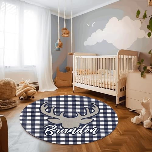 Duckbe Round Nursery Rug Personalized with Name, Custom Kids Rug Soft Floor Area Rugs, Activity Crawling Play Mat for Baby Boys Toddlers Bedroom Navy Blue Deer(2ft/24)