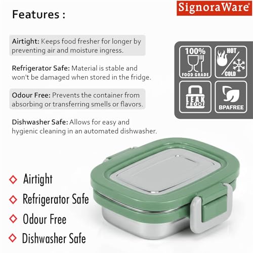 Image of Signoraware Lock N Store Stainless Steel Containers | Airtight & Leakproof | Compact & Durable | Ideal for Snacks, Kids, Travel, Office, School & Outdoor Use (160ml | EGreen)