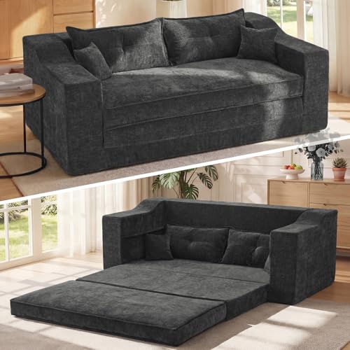 APICIZON Sofá Cama, sofá 2-en-1 sin Estructura, sofá de Suelo con Cojines, sofá de 3 plazas Convertible con función Cama, colchón Plegable (Chenilla - Gris Oscuro, Ancho 177 cm)