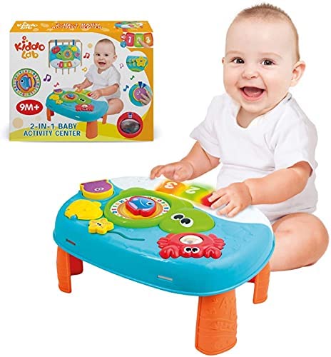 Activity Table for 1 Year Old and Up. 2-in-1 Activity Center for Baby. Interactive Learning Toy Piano and Kids Activity Table with Fun Ocean Characters. Crib Accessories with Detachable Straps