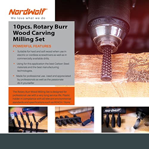 Nordwolf NW-19026 10-Piece Rotary Burr Wood Carving Rasp Files Set thumb #5