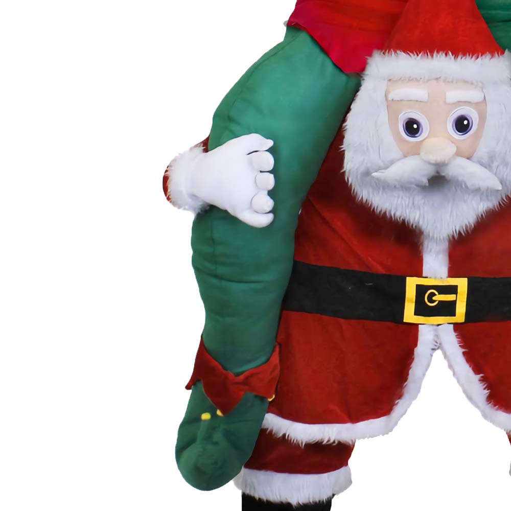 DISFRAZ DE ELFO SOBRE LOS HOMBROS DE SANTA CLAUS - INCLUYE: TRAJE DE PAPÁ NOEL DE UNA PIEZA DE LUJO CON PIERNAS AFELPADO, VESTIDO DE ELFO VERDE, CINTURÓN, COLLAR Y GORRO NAVIDEÑO - GRANDE