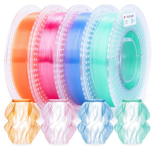 Image of AMOLEN 3D Printer Filament Crystal PLA Translucent Bundle, Transparent PLA 1.75mm, NO-Tangle Low Warping, Dimensional Accuracy+ /-0.02 mm, Fits Most FDM 3D Printers, 200gx4 Pack, Green+Pink+Orange+Blue