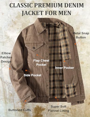 Image of PEHMEA Men's Lined Flannel Denim Stylish Cowboy Trucker Coat Snap Button Rugged Western Shirts Jackets(Brown-S)