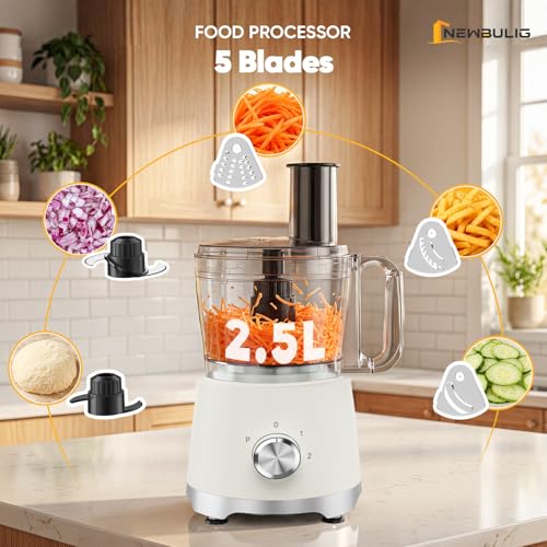 Image of NEWBULIG 10.5 Cups Food Processor, Versatile Food processors with 5 Blades, 600W Powerful Meat Grinder for Slicing, Shredding, Chopping, Kneading, Dishwasher Safe, for Meat, Vegetables, Fruit, Dough