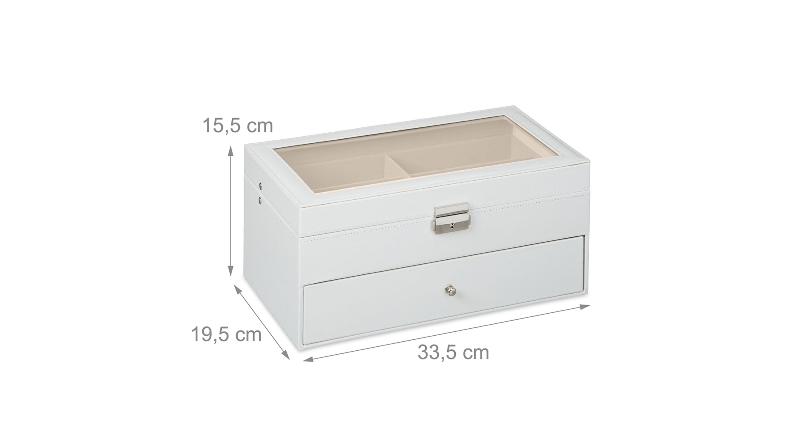 Relaxdays Organizador 12 Gafas de Sol, Ventana Cristal, Estuche Efecto Piel, Funda Terciopelo,15,5x33,5x19,5 cm, Blanco
