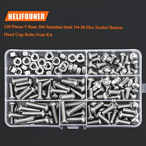 Image of HELIFOUNER 120 Pieces 5 Sizes 304 Stainless Steel 1 /4-20 x 3 /8 inch 1 /2 inch 5 /8 inch 3 /4 inch 1 inch UNC Thread Hex Button Head Cap Bolts Kit