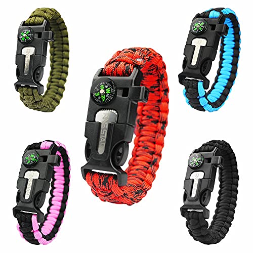 RNS STAR Emergency Paracord Bracelets | Set of 5 | Survival Bracelet with Paracord Rope, Tactical Bracelet Fire Starter, Compass, Emergency Whistle & Small Knife for Hiking