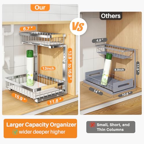 Image of PXRACK Under Sink Organizer, Adjustable Height, 2 Tier Pull Out Cabinet Organizer, Slide Out Thickened Metal Storage for Kitchen Bathroom Laundry Pantry Cabinet, Stainless Steel, Silver, Large-2-Pack