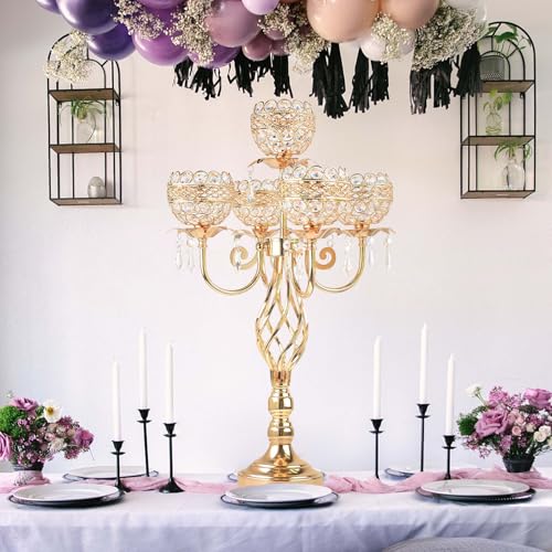 Elegant 5-Arm Candelabra Centerpiece with Crystal Pendants - 23.6 Inch Tall Table Centerpiece for Weddings, Parties, Home Decor for Mother’s Day, Holidays & Special Occasions (1, Gold) - Image 6