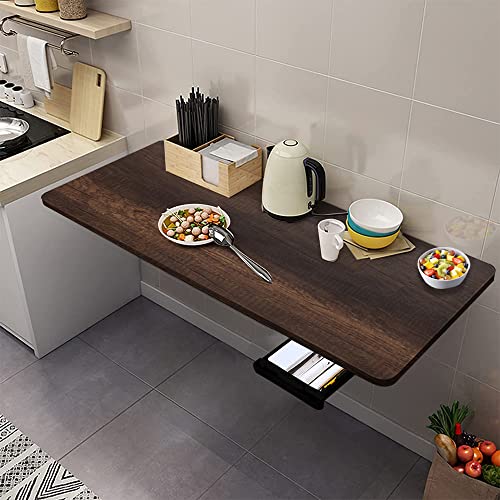 Image of QARA [16 x 40 inches Solid Wooden Wall Mounted Folding Table| Wall Mount Table with Drawer | Foldable Table with Round Corner| Study Table for Home & Office|Dark Oak