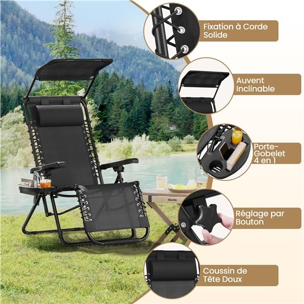 Yaheetech Chaise Longue avec Pare Soleil Bain de Soleil Pliable, avec Pare Soleil & Appuie-tête, Chaise Longue inclinable Transat de Plage Relax Camping Salon de Jardin Exterieur, Gris (1, Noir)