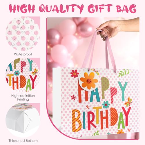 Image of JMANNI Large Happy Birthday Gift Bag with Tissue Papers and Greeting Card,Portable Paper Gift Bags with Handles, Present Bags for Women Girls Birthday Party Supplies 13 inch x 10.2 inch x4.7 inch(Pink Floral)