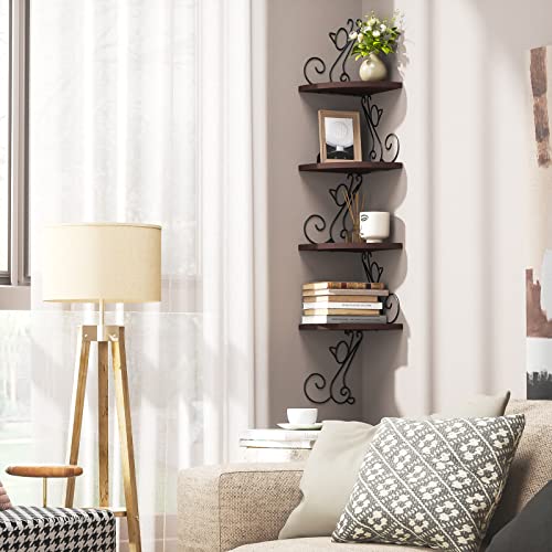 Alsonerbay Corner Shelf Wall Mount, 4 Tier Floating Shelves For Wall, Easy-To-Assemble Wall Shelves Rustic Wood Decor For Bedroom Living Room Bathroom Kitchen Office, Walnut Finish #TOP4