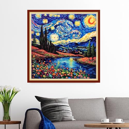 Image of Funxvoot Stamped Cross Stitch Kits for Beginners or Adults Embroidery Starter Patterns | DIY Printed Cross Stitch Kits Needlepoint for Adults or Kids 11CT-Van Gogh's Star River 18x18 inch