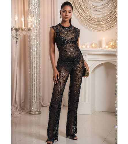Image of Jigfar Women Sexy Embellished Rhinestone Bodycon Jumpsuit Mesh See Through Patchwork Birthday Party Night Out Clubwear